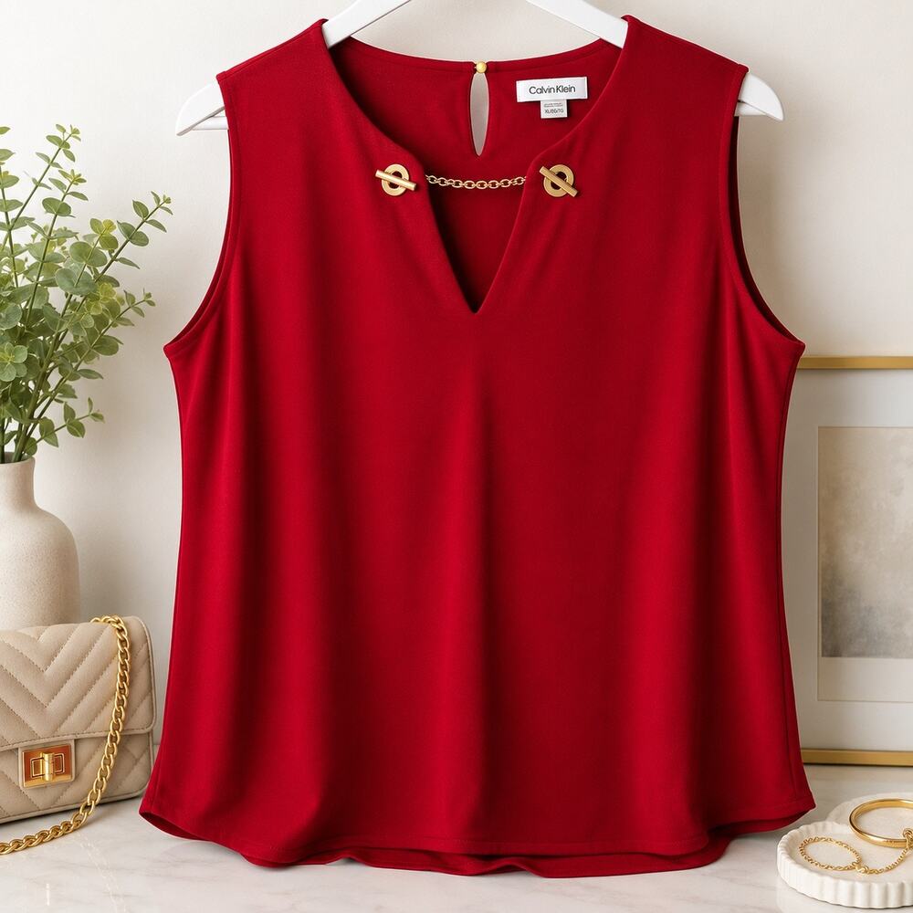 Calvin Klein Women's XL Red Sleeveless Blouse Gold Chain V-Neck Dress Top